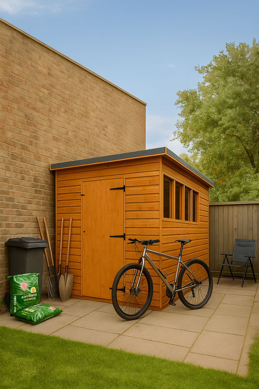 Utility Lean-To Garden Shed with lockable door and glazed windows, perfect for compact wall-side storage of tools, bikes, and gardening equipment