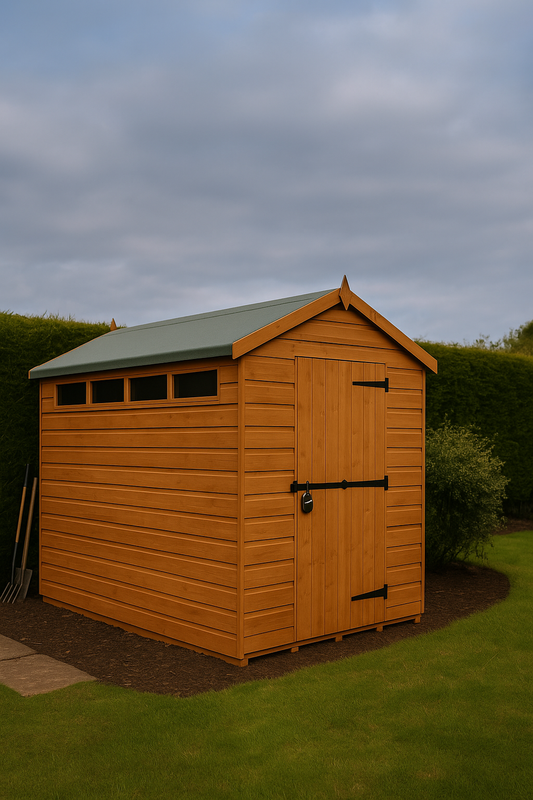 The Vanguard Shed with reinforced door and security slit windows, durable 12mm shiplap cladding, green roof, set on grass with surrounding bushes.