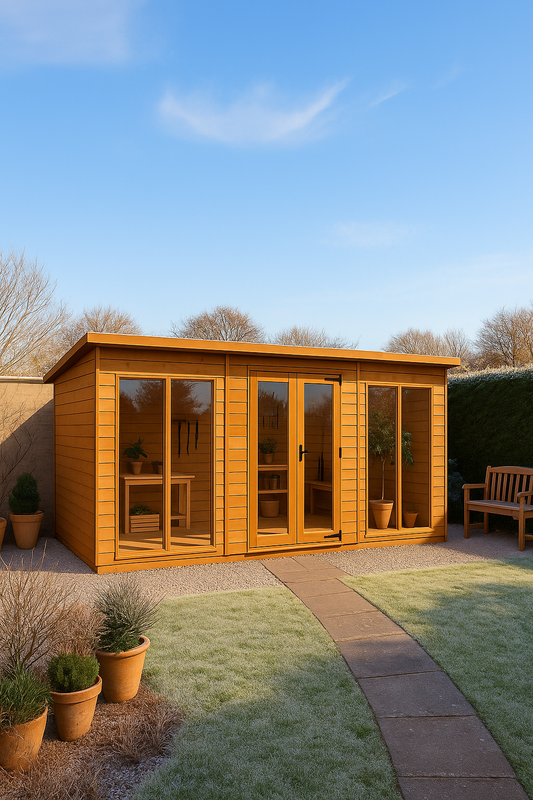 Vista Studio wooden garden building with flat roof, glass double doors, and full-pane glazing in backyard setting