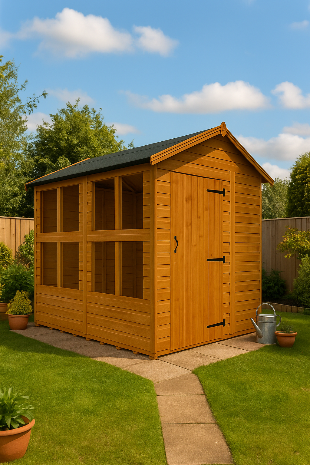Waverley wooden garden sunroom with glass panels, shiplap tongue-and-groove cladding, and black felt roof in garden