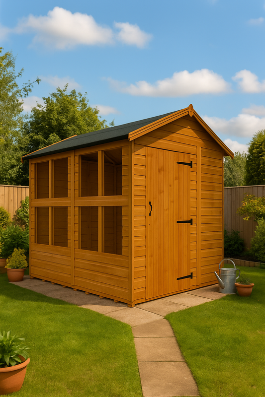 Waverley wooden garden sunroom with glass panels, shiplap tongue-and-groove cladding, and black felt roof in garden