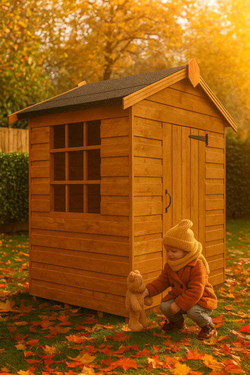 Willowden wooden children's playhouse with Georgian-style safety windows, tongue-and-groove cladding, and black felt roof in autumn garden setting