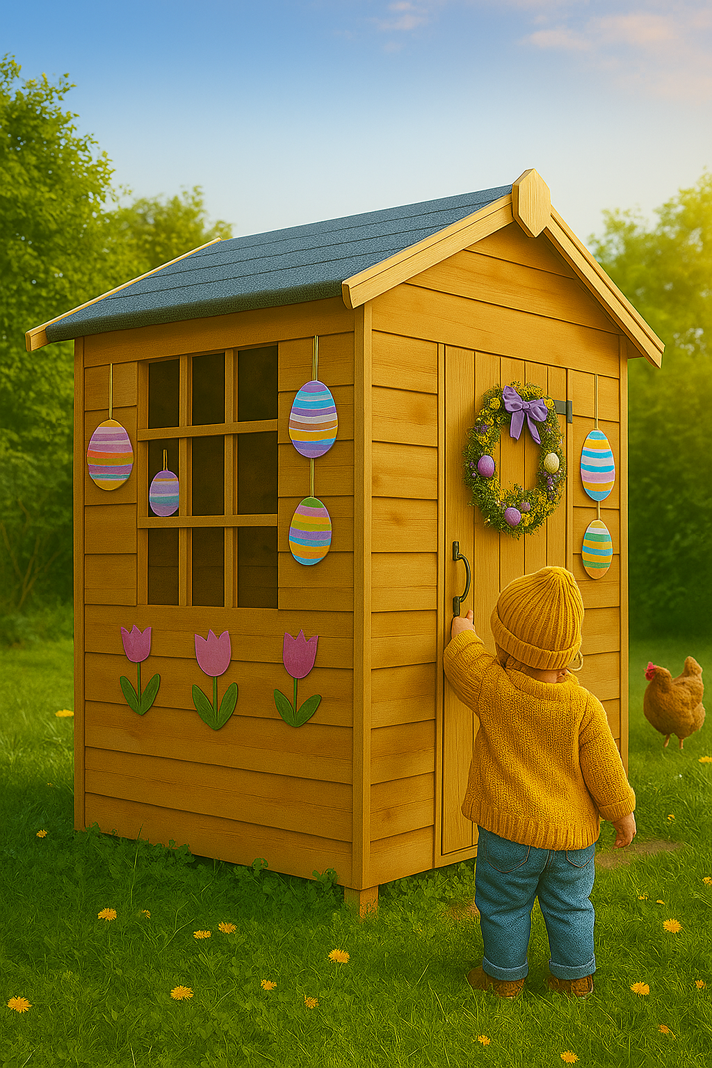 Willowden wooden children’s playhouse with Georgian-style safety windows, tongue-and-groove cladding, and black felt roof, a Child in a yellow coat opening a wooden playhouse door with Easter decorations.