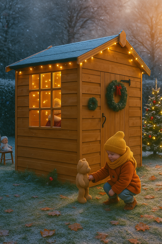Willowden wooden children’s playhouse with Georgian-style safety windows, tongue-and-groove cladding, decorated with lights and wreath, child playing with teddy bear in snowy evening setting