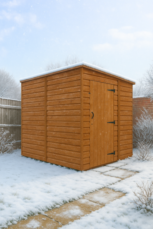 Windham wooden garden shed with shiplap tongue-and-groove cladding, pent roof, and black felt covering with snow on roof and ground