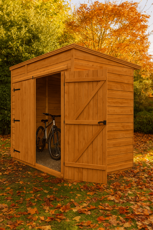 Woodcroft wooden bike store with double doors, shiplap tongue-and-groove cladding, and black felt roof in autumn garden setting