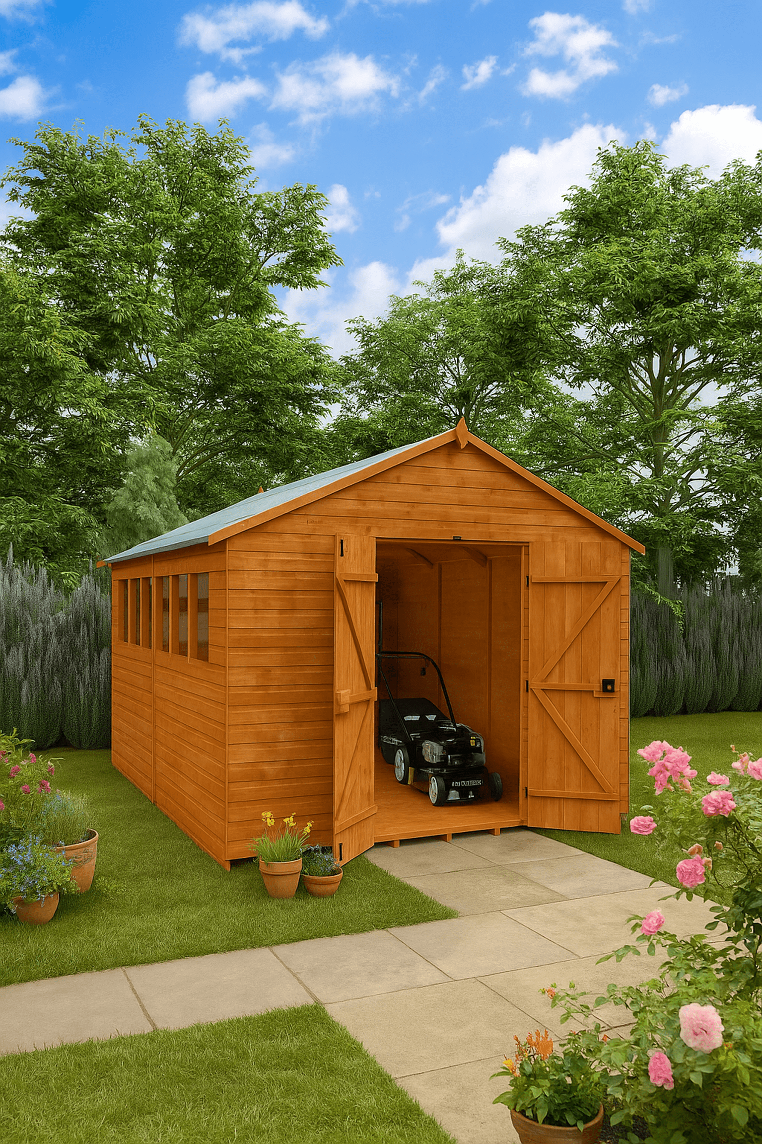 Workstead XL wooden garden workshop with pent roof and open double doors showing lawn mower inside, surrounded by greenery and flowers on sunny day