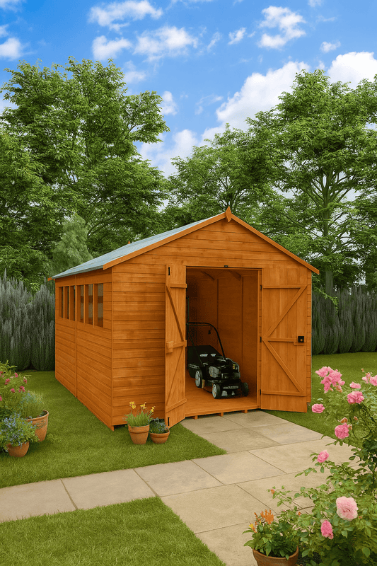 Workstead XL wooden garden workshop with pent roof and open double doors showing lawn mower inside, surrounded by greenery and flowers on sunny day