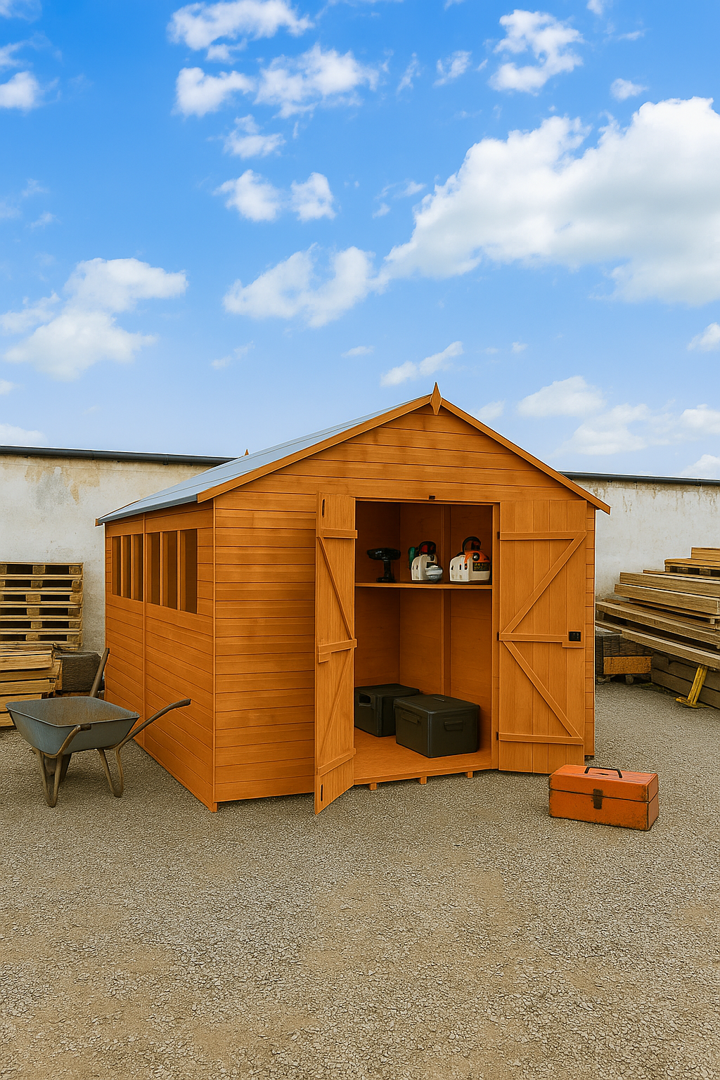 Workstead XL wooden garden workshop with pent roof and open double doors showing tools inside in a builders yard
