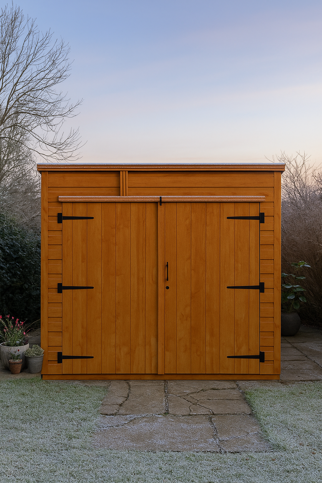 Woodcroft wooden bike store with pent roof and double doors in frosty garden setting
